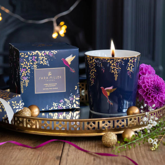 Sara Miller - Navy Hummingbird Amber, Orchid & Lotus Blossom Candle